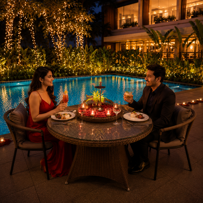 Romantic Candlelight Poolside Dinner Experience with Drinks for Two at Ellaa Residences Hyderabad