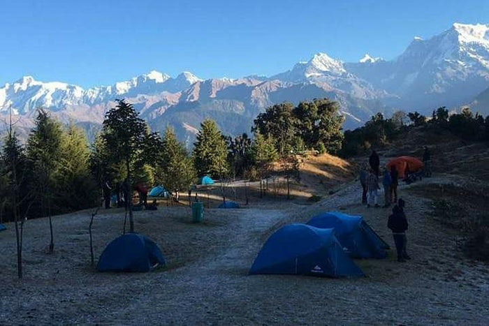 Night at the campsite, wake up to the view of Himalayas