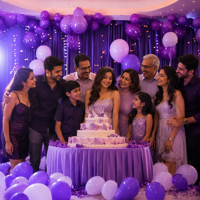 Lavender Theme Private Theatre Celebration with Fog Entry and Floor Balloons in Bengaluru